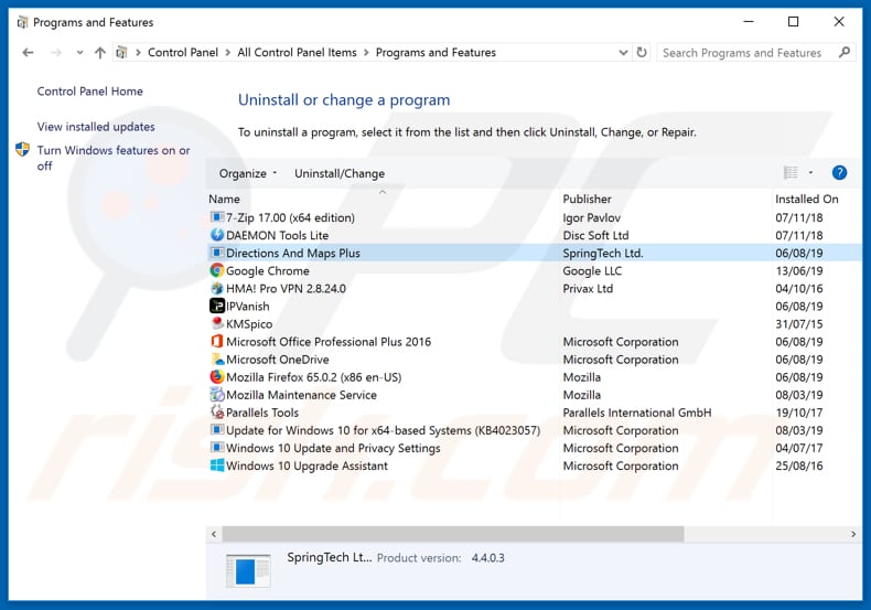 search.hdirectionsandmapsplus.com browser hijacker uninstall via Control Panel