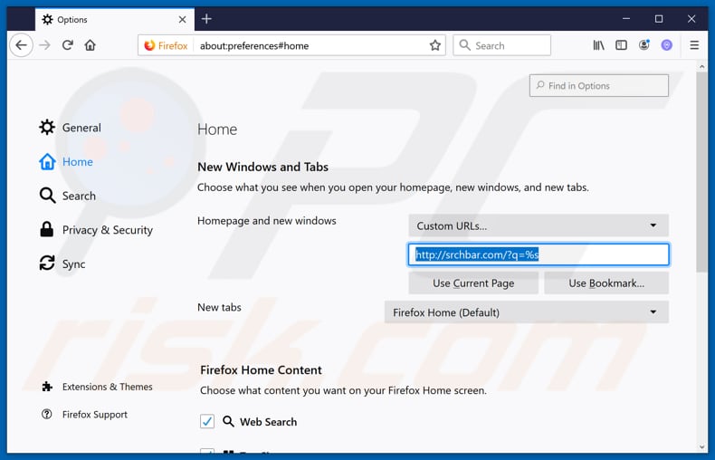 Removing srchbar.com from Mozilla Firefox homepage