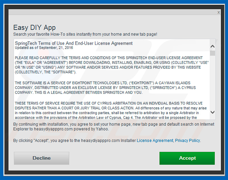 Official Easy DIY App browser hijacker installation setup
