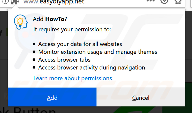 Easy DIY App browser hijacker asking for browser permissions