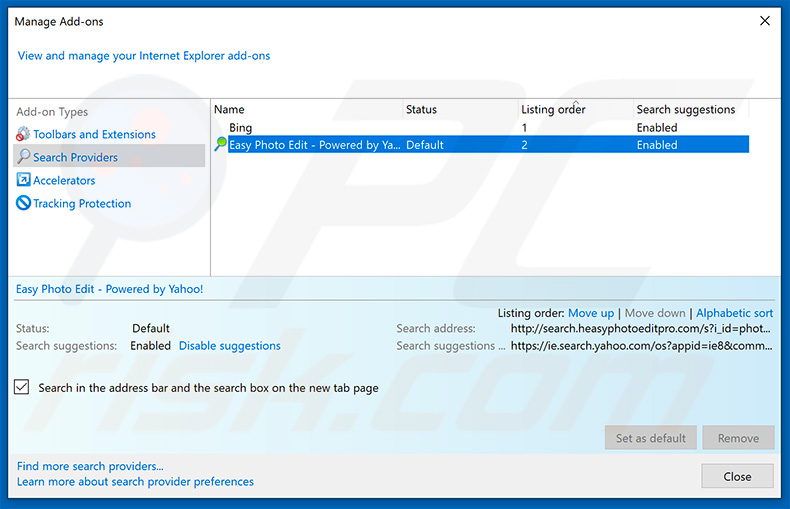 Removing search.heasyphotoeditpro.com from Internet Explorer default search engine