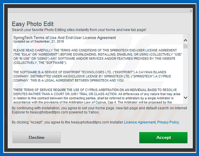 Official Easy Photo Edit browser hijacker installation setup