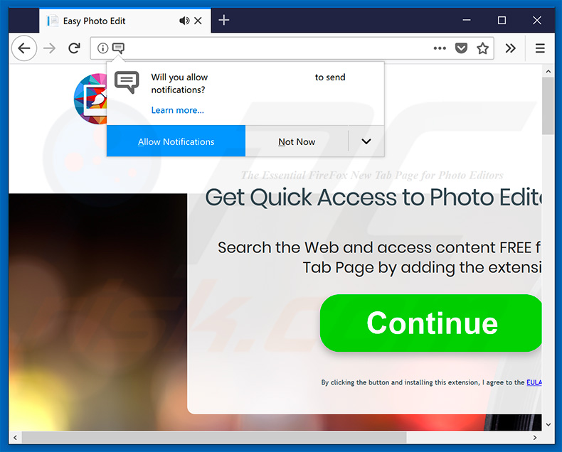 Easy Photo Edit browser hijacker's website delivering browser notifications