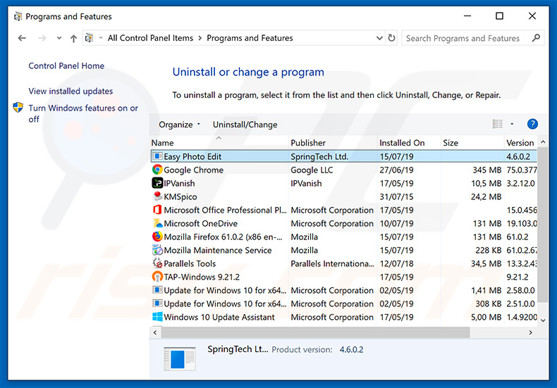 search.heasyphotoeditpro.com browser hijacker uninstall via Control Panel