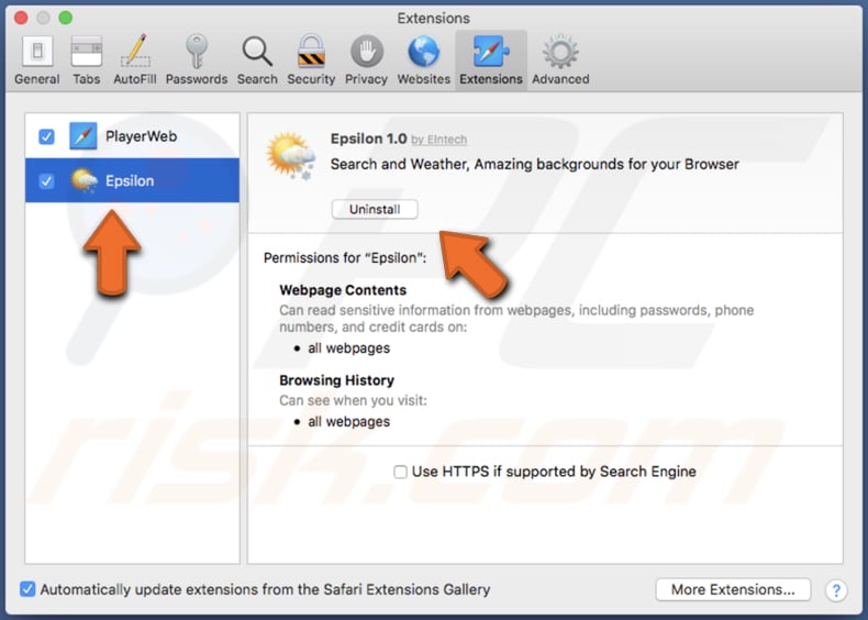 epsilon on the list of installed Safari extensions