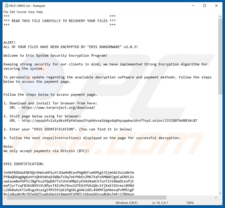 ERIS RANSOMWARE v2 ransom note (HELP-OBIDC.txt)