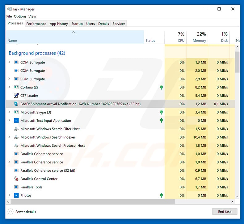 LokiBot trojan in Windows Task Manager