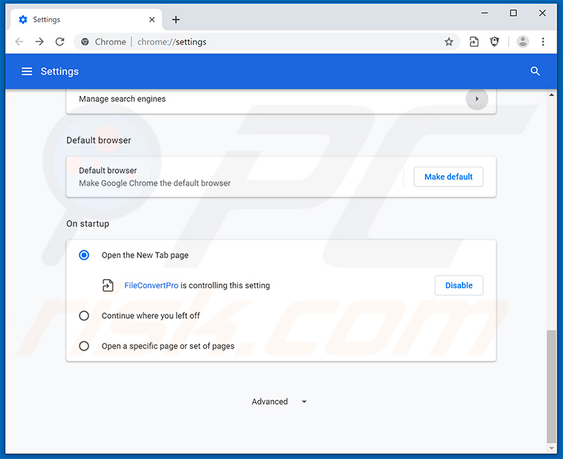 Removing fileconverterpro.co from Google Chrome homepage