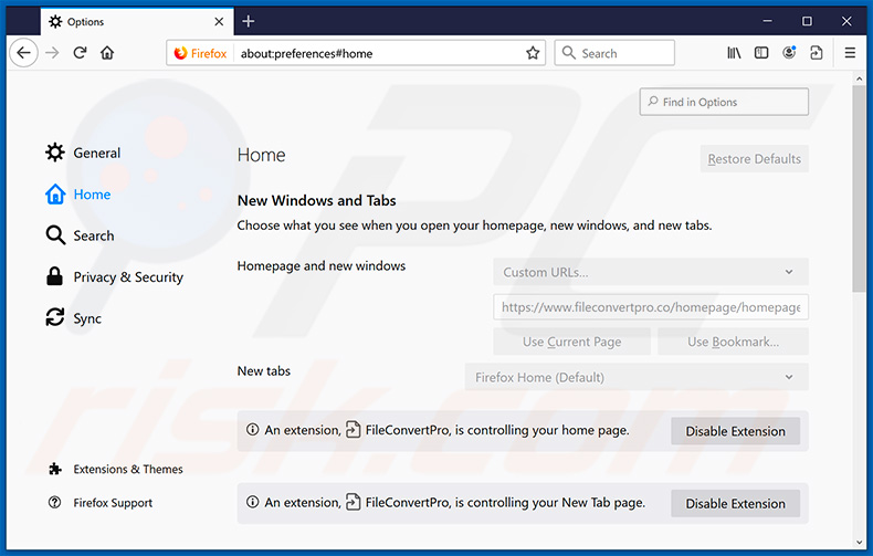 Removing fileconverterpro.co from Mozilla Firefox homepage