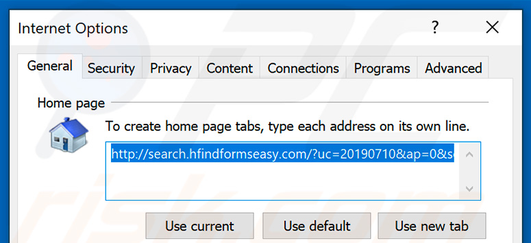Removing search.hfindformseasy.com from Internet Explorer homepage