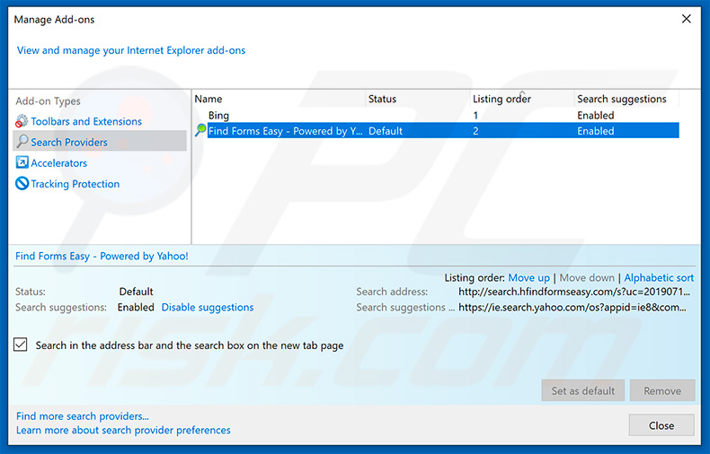 Removing search.hfindformseasy.com from Internet Explorer default search engine