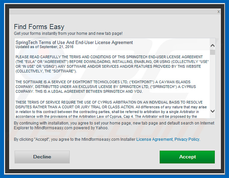Official Find Forms Easy browser hijacker installation setup