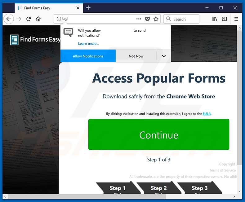Find Forms Easy browser hijacker asking to enable browser notifications