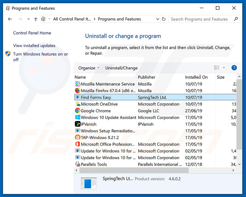 search.hfindformseasy.com browser hijacker uninstall via Control Panel