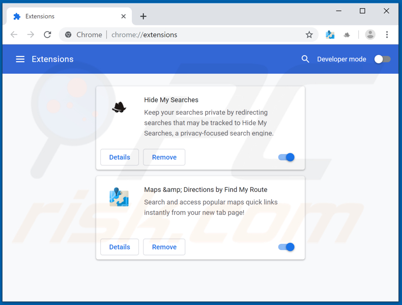Removing search.hfindmyroute.co related Google Chrome extensions