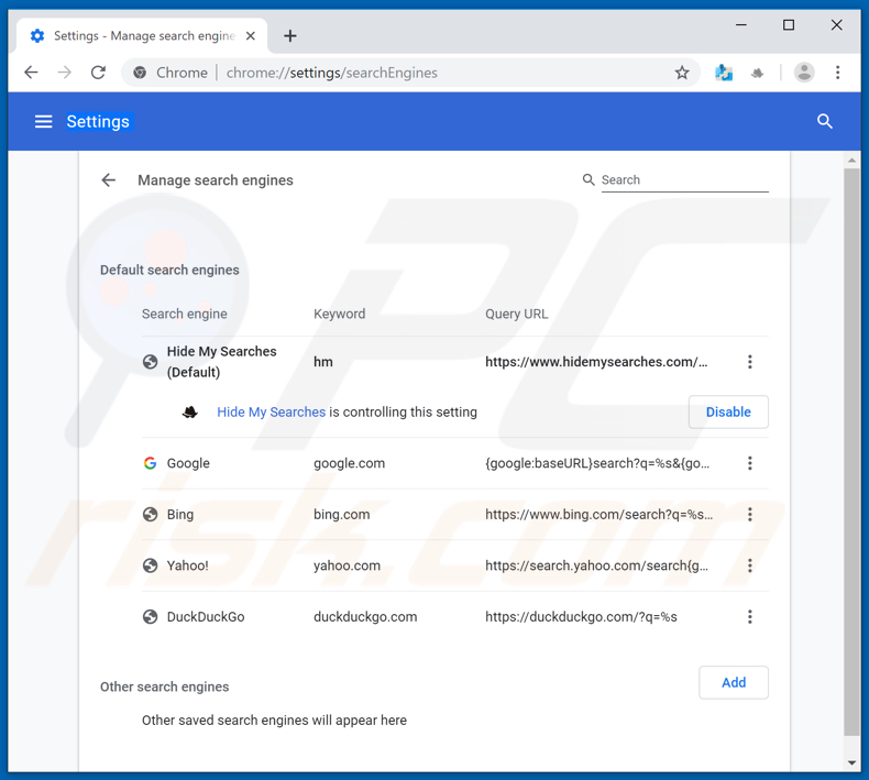 Removing search.hfindmyroute.co from Google Chrome default search engine