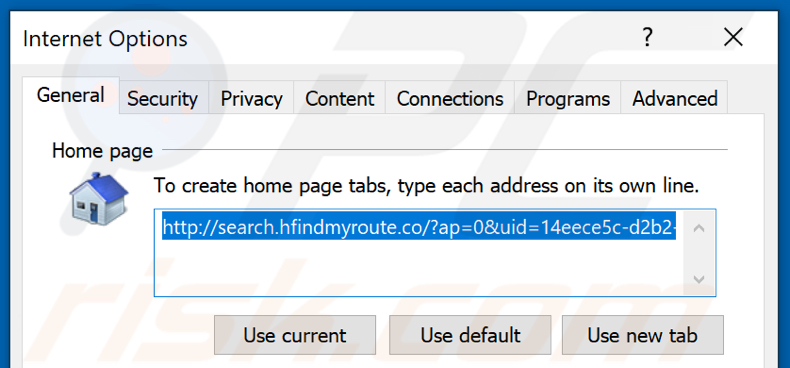 Removing search.hfindmyroute.co from Internet Explorer homepage