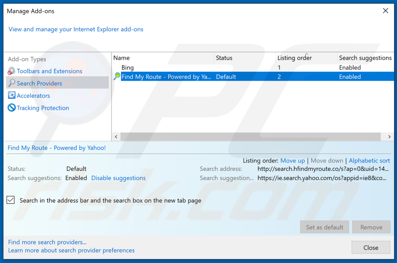 Removing search.hfindmyroute.co from Internet Explorer default search engine