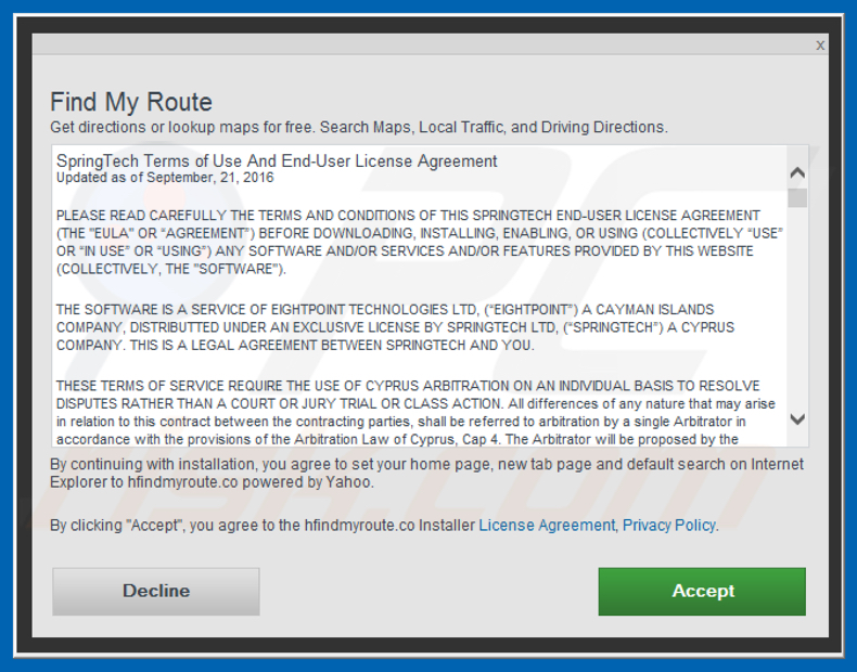 Official Find My Route browser hijacker installation setup