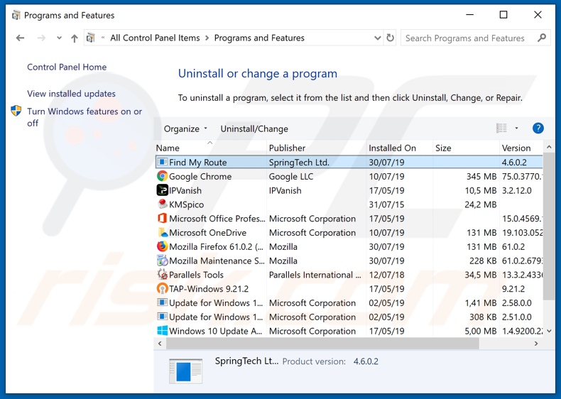 search.hfindmyroute.co browser hijacker uninstall via Control Panel