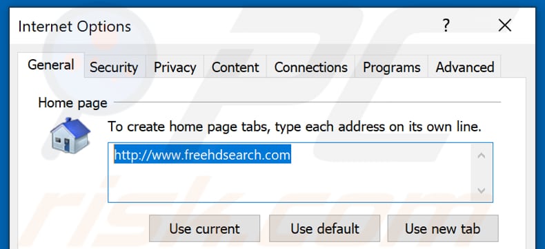 Removing freehdsearch.com from Internet Explorer homepage