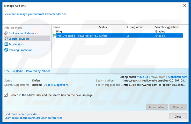 Removing search.hfreeliveradio.org from Internet Explorer default search engine
