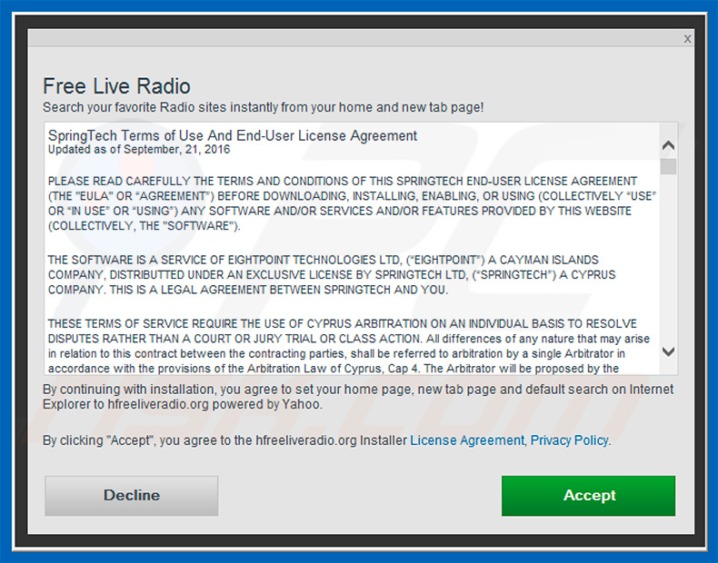 Official Free Live Radio browser hijacker installation setup