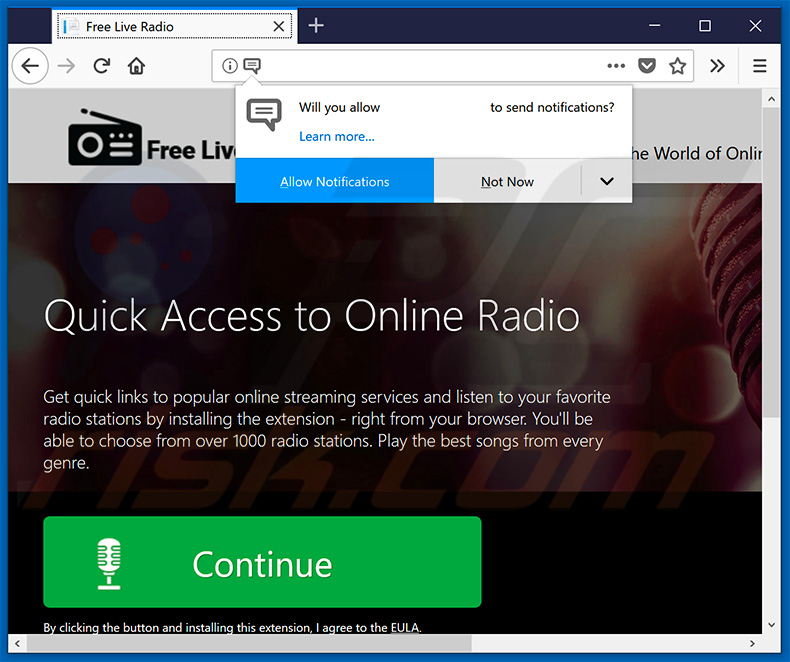 Free Live Radio browser hijacker website asking to enable browser notifications