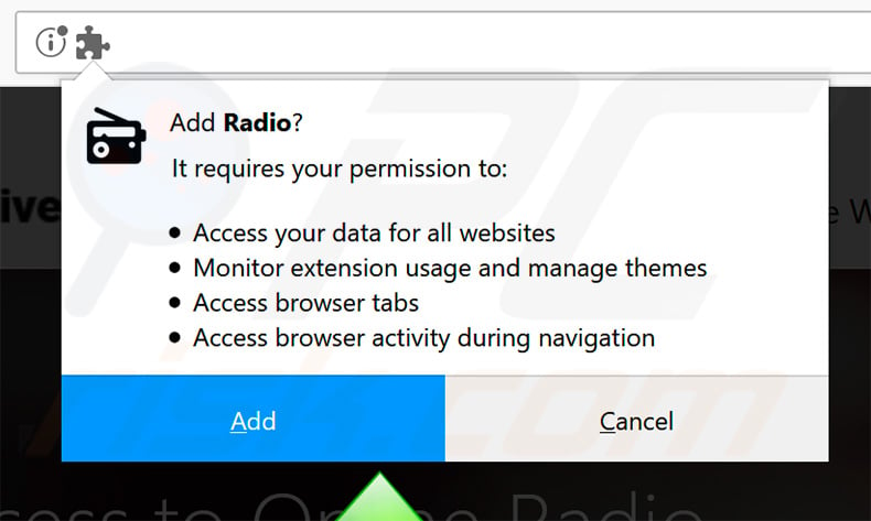 Free Live Radio browser hijacker asking for permissions