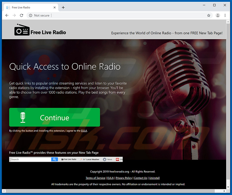 Website used to promote Free Live Radio browser hijacker