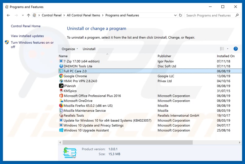 Full PC Care 2.0 adware uninstall via Control Panel