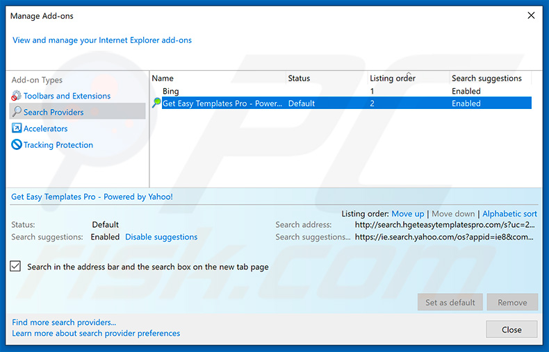 Removing search.hgeteasytemplatespro.com from Internet Explorer default search engine