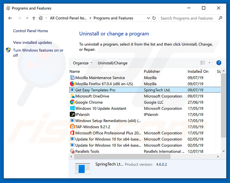 search.hgeteasytemplatespro.com browser hijacker uninstall via Control Panel