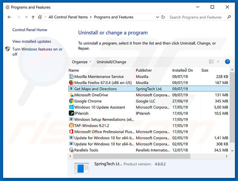 search.hgetmapsanddirections.com browser hijacker uninstall via Control Panel