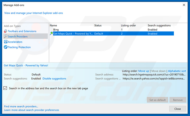 Removing search.hgetmapsquick.com from Internet Explorer default search engine