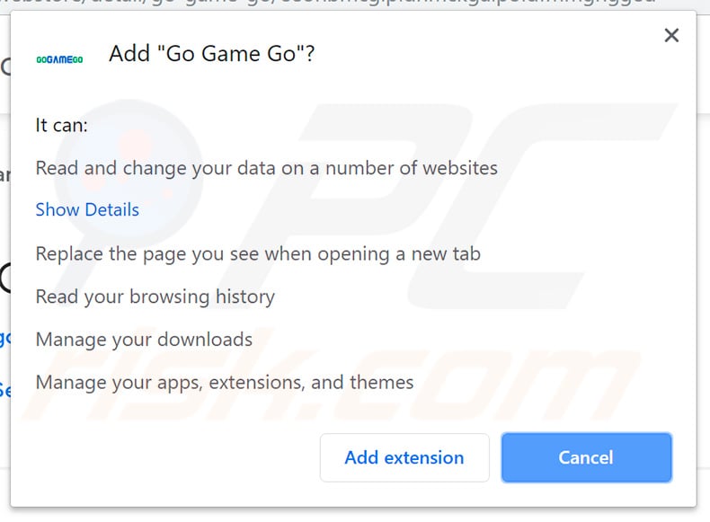 GoGameGo browser hijacking asking for permission