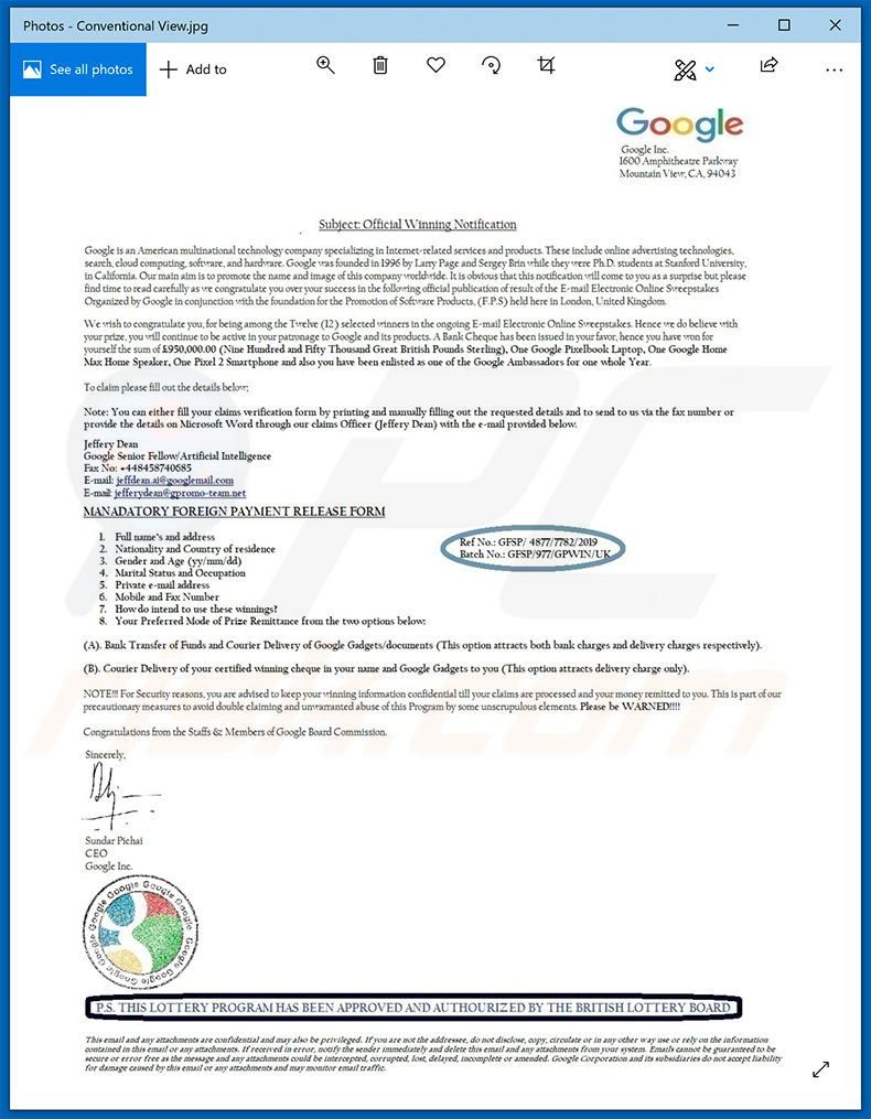 Google Winner email spam campaign rogue attachment