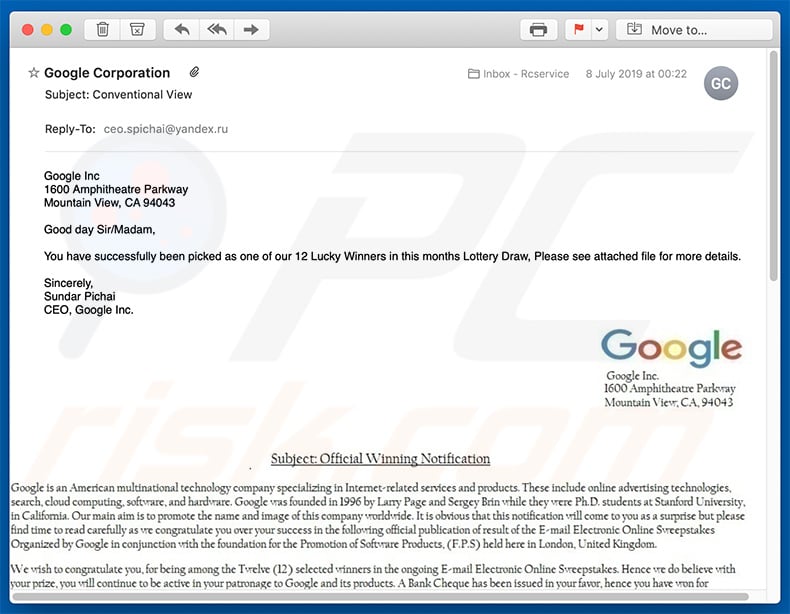 Google Winner email spam campaign