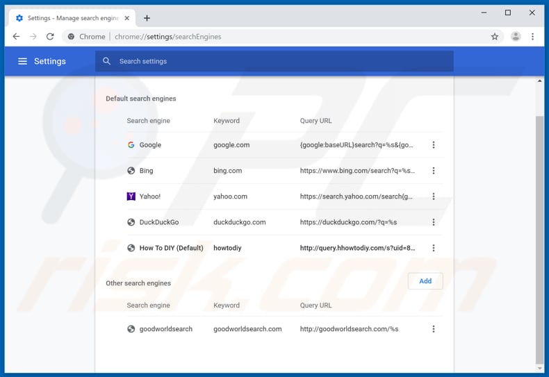 Removing search.hhowtodiy.com from Google Chrome default search engine