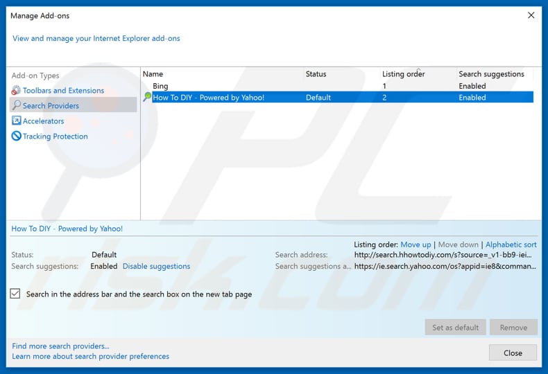 Removing search.hhowtodiy.com from Internet Explorer default search engine