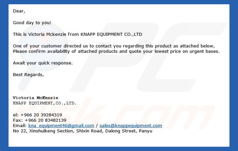 KNAPP EQUIPMENT Email Virus