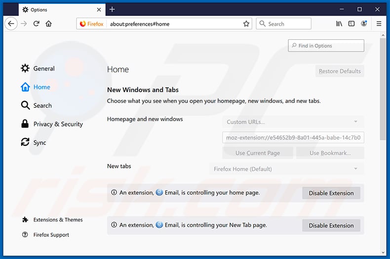 Removing search.hlogintomyemailpro.com from Mozilla Firefox homepage