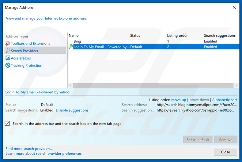 Removing search.hlogintomyemailpro.com from Internet Explorer default search engine