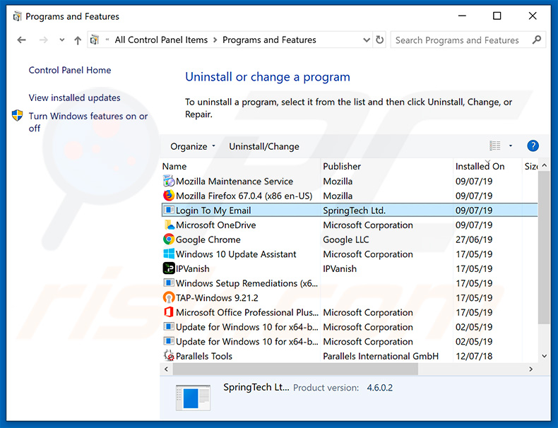 search.hlogintomyemailpro.com browser hijacker uninstall via Control Panel
