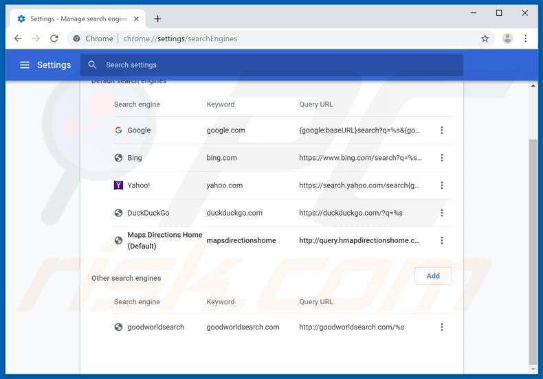Removing search.hmapsdirectionshomes.com from Google Chrome default search engine