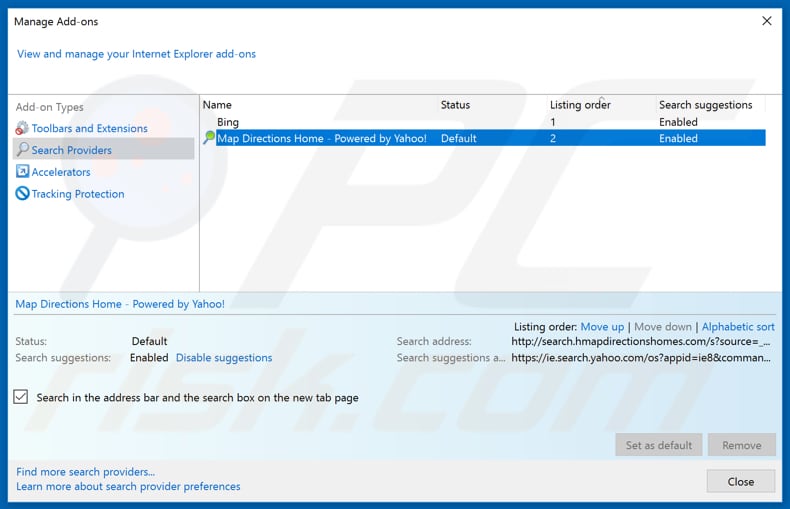 Removing search.hmapsdirectionshomes.com from Internet Explorer default search engine