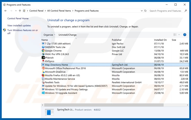 search.hmapsdirectionshomes.com browser hijacker uninstall via Control Panel