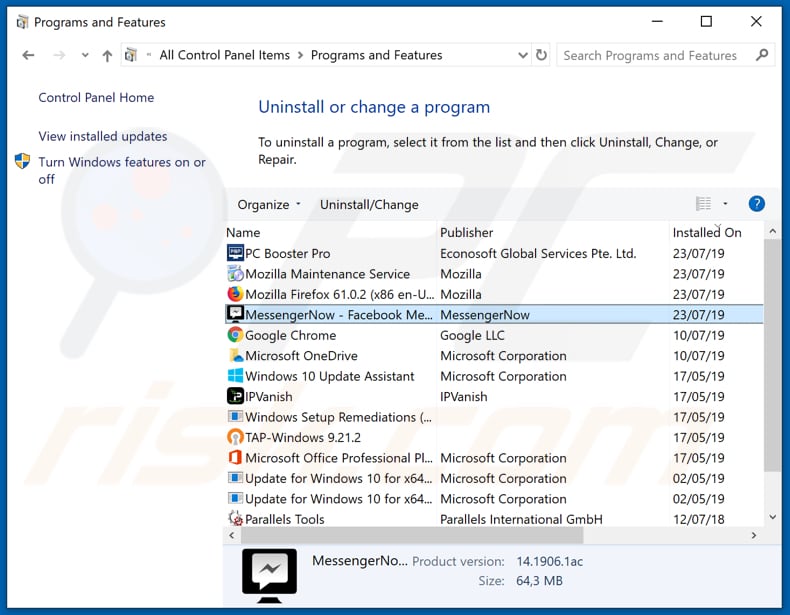 MessengerNow adware uninstall via Control Panel