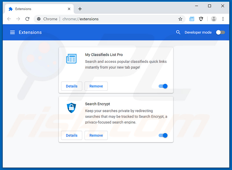 Removing search.hmyclassifiedslistpro.com related Google Chrome extensions