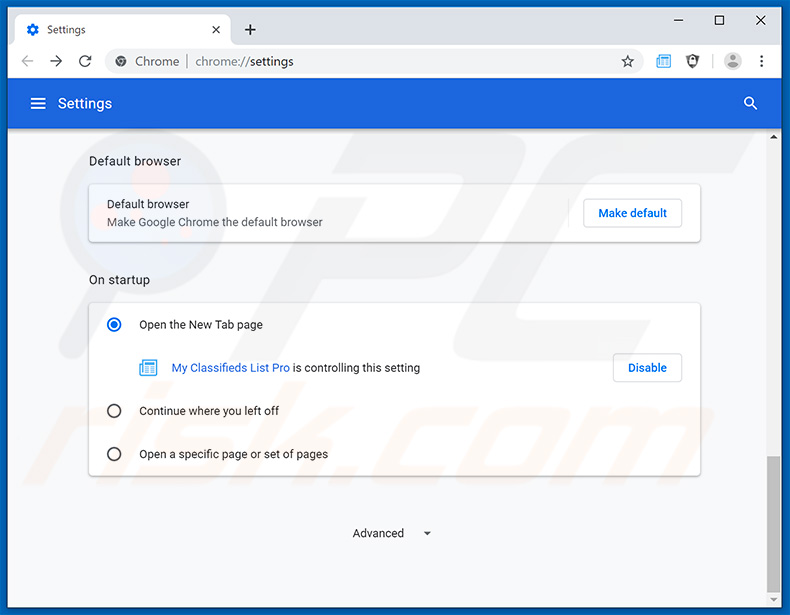 Removing search.hmyclassifiedslistpro.com from Google Chrome homepage